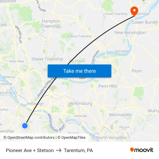 Pioneer Ave + Stetson to Tarentum, PA map