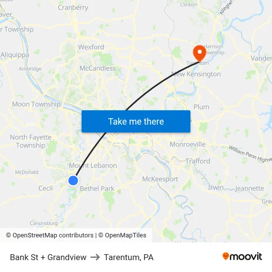 Bank St + Grandview to Tarentum, PA map