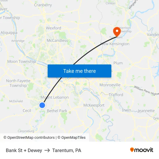 Bank St + Dewey to Tarentum, PA map