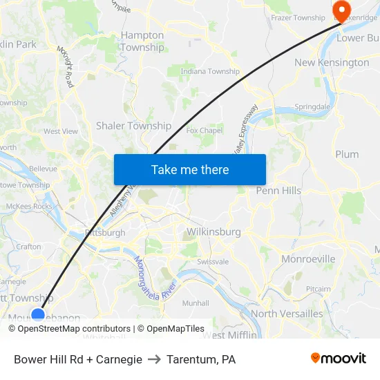 Bower Hill Rd + Carnegie to Tarentum, PA map