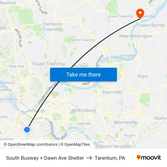 South Busway + Dawn Ave Shelter to Tarentum, PA map