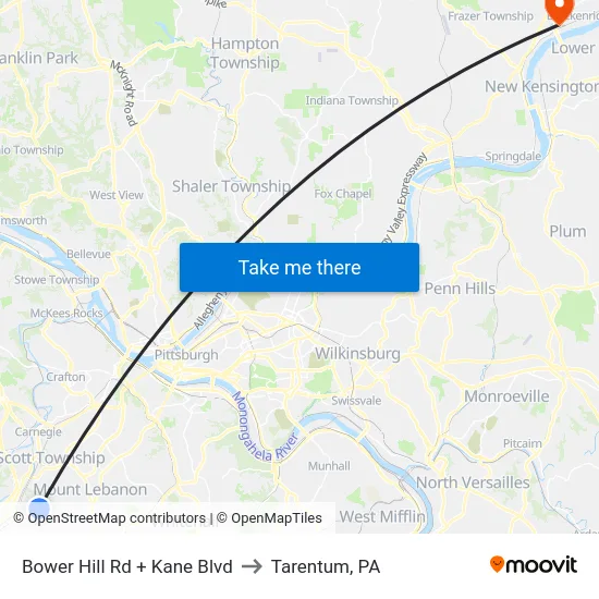 Bower Hill Rd + Kane Blvd to Tarentum, PA map