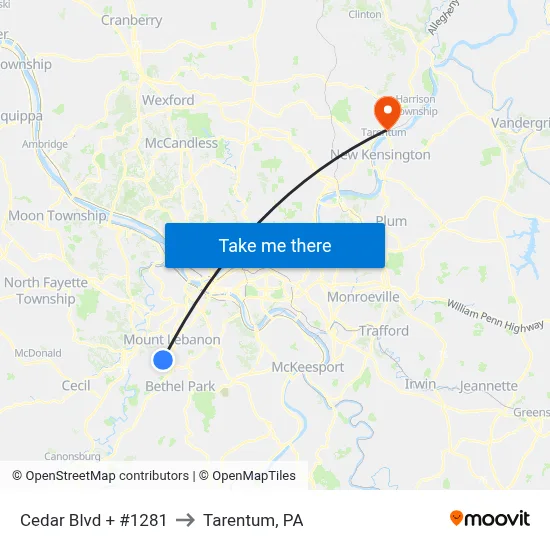 Cedar Blvd + #1281 to Tarentum, PA map