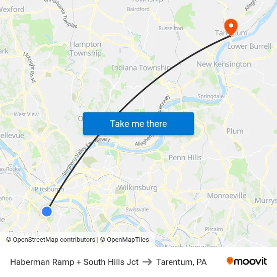 Haberman Ramp + South Hills Jct to Tarentum, PA map