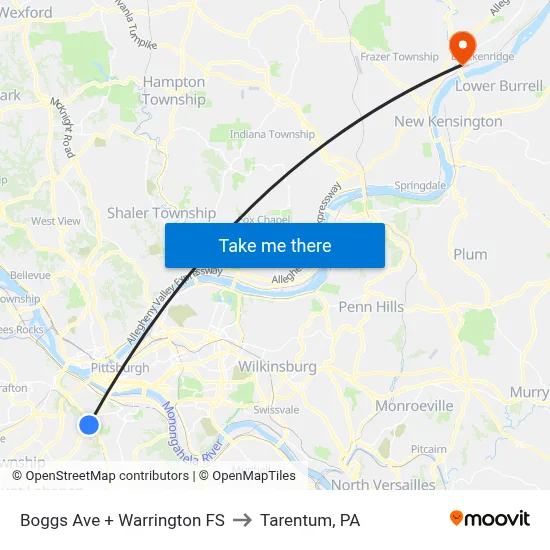 Boggs Ave + Warrington FS to Tarentum, PA map