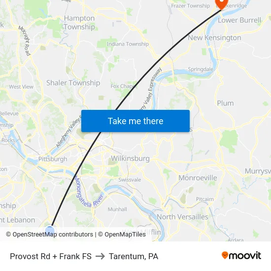 Provost Rd + Frank FS to Tarentum, PA map
