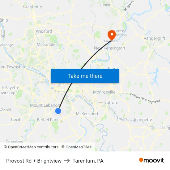 Provost Rd + Brightview to Tarentum, PA map
