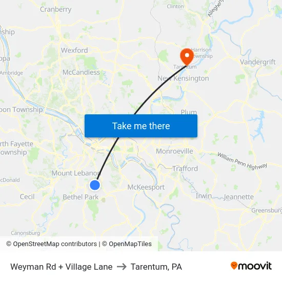 Weyman Rd + Village Lane to Tarentum, PA map