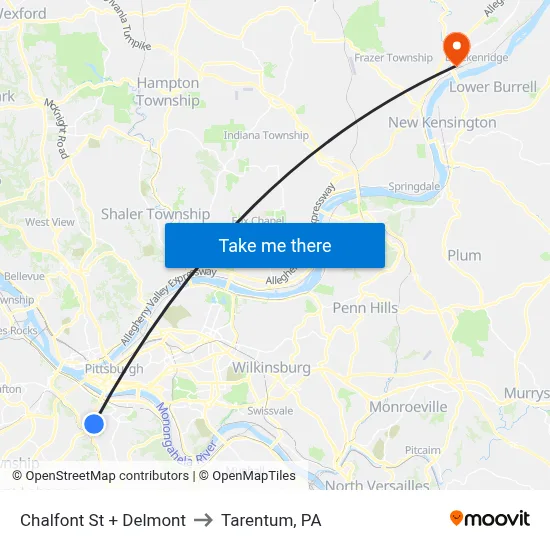 Chalfont St + Delmont to Tarentum, PA map