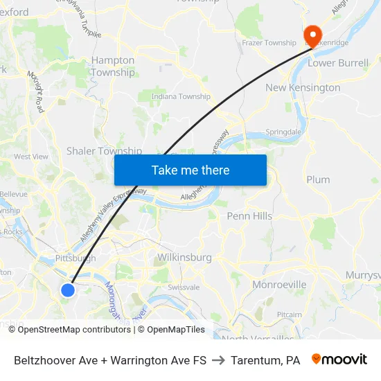 Beltzhoover Ave + Warrington Ave FS to Tarentum, PA map