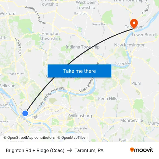 Brighton Rd + Ridge (Ccac) to Tarentum, PA map
