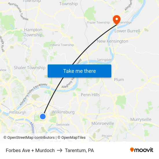 Forbes Ave + Murdoch to Tarentum, PA map