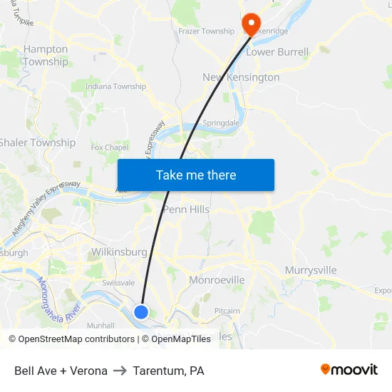 Bell Ave + Verona to Tarentum, PA map