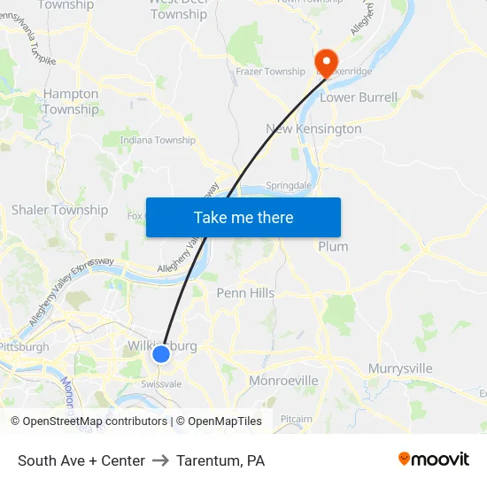 South Ave + Center to Tarentum, PA map
