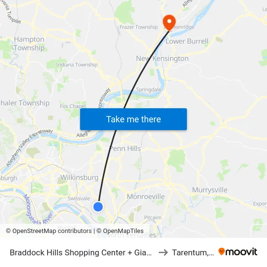 Braddock Hills Shopping Center + Giant Eagle to Tarentum, PA map