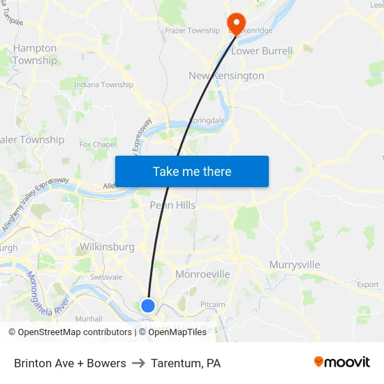Brinton Ave + Bowers to Tarentum, PA map
