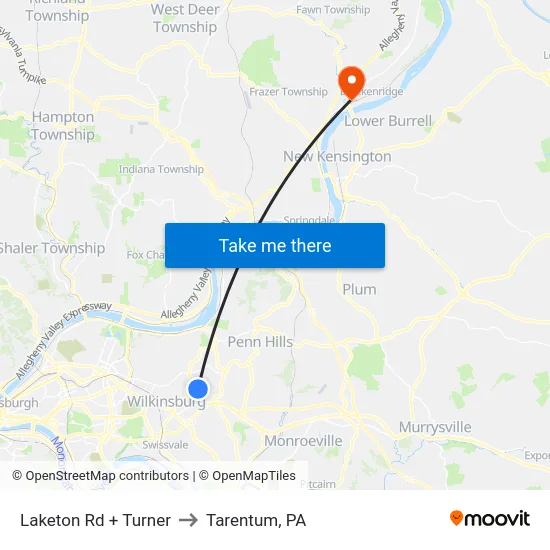 Laketon Rd + Turner to Tarentum, PA map