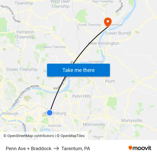 Penn Ave + Braddock to Tarentum, PA map