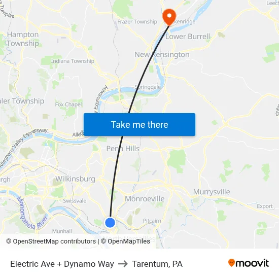 Electric Ave + Dynamo Way to Tarentum, PA map