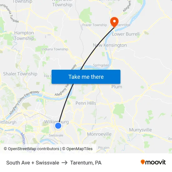 South Ave + Swissvale to Tarentum, PA map