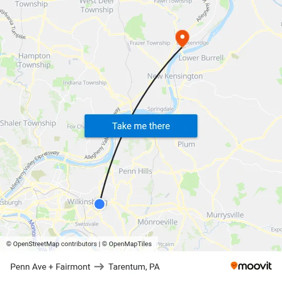 Penn Ave + Fairmont to Tarentum, PA map