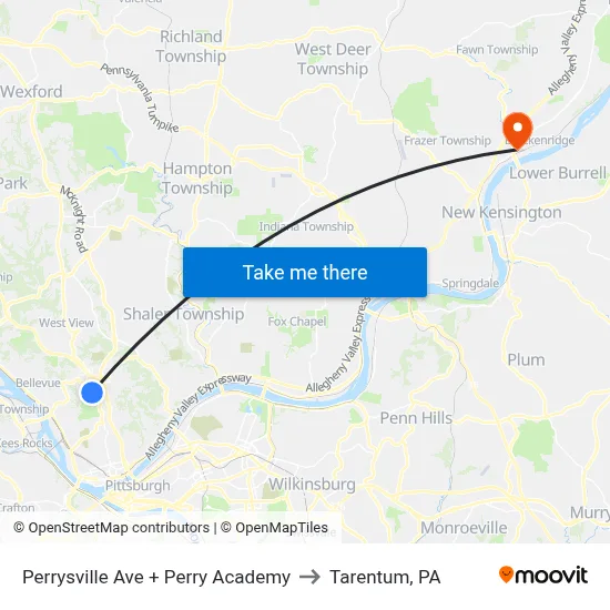 Perrysville Ave + Perry Academy to Tarentum, PA map