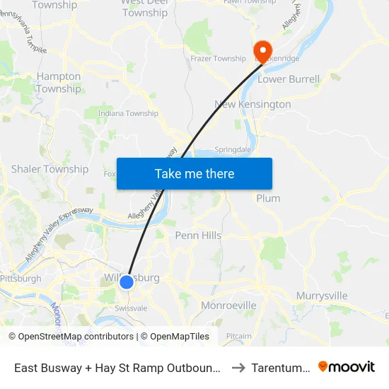 East Busway + Hay St Ramp Outbound Shelter to Tarentum, PA map
