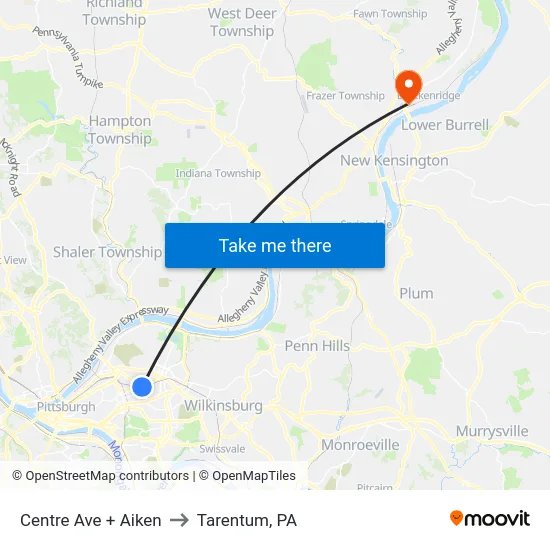 Centre Ave + Aiken to Tarentum, PA map