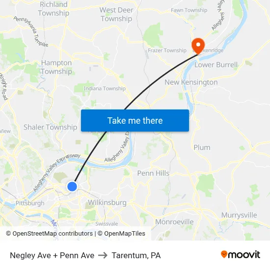Negley Ave + Penn Ave to Tarentum, PA map