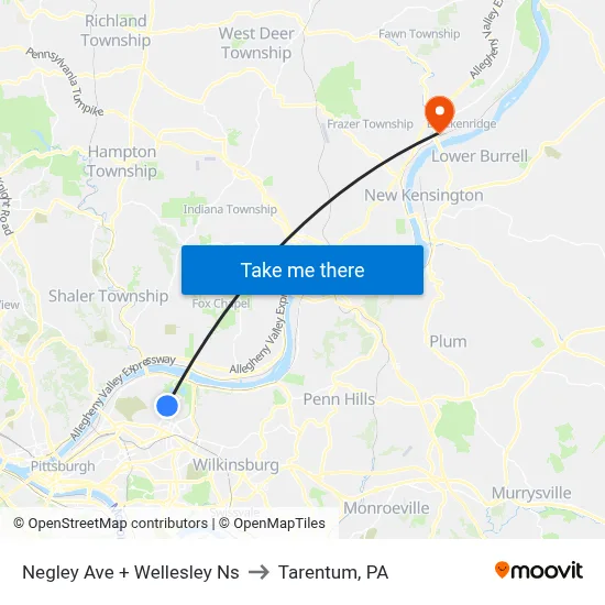 Negley Ave + Wellesley Ns to Tarentum, PA map