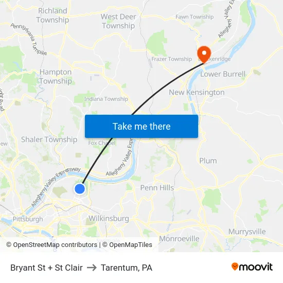 Bryant St + St Clair to Tarentum, PA map