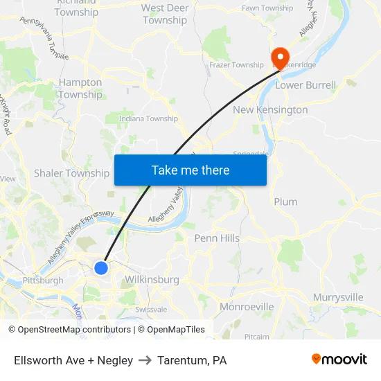Ellsworth Ave + Negley to Tarentum, PA map