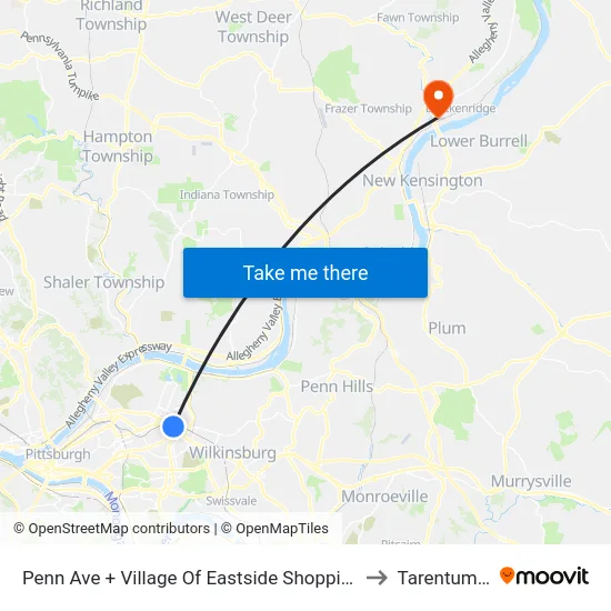 Penn Ave + Village Of Eastside Shopping Center to Tarentum, PA map