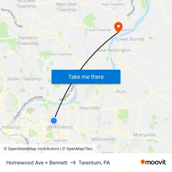 Homewood Ave + Bennett to Tarentum, PA map