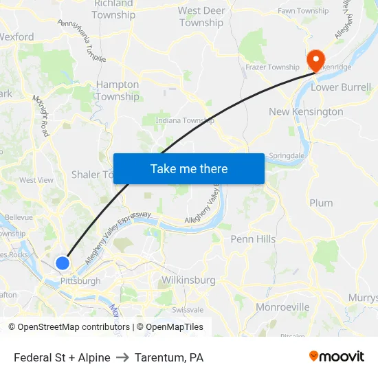 Federal St + Alpine to Tarentum, PA map