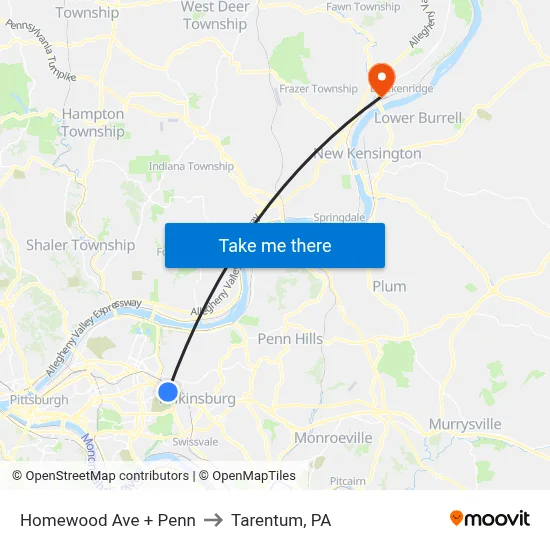 Homewood Ave + Penn to Tarentum, PA map