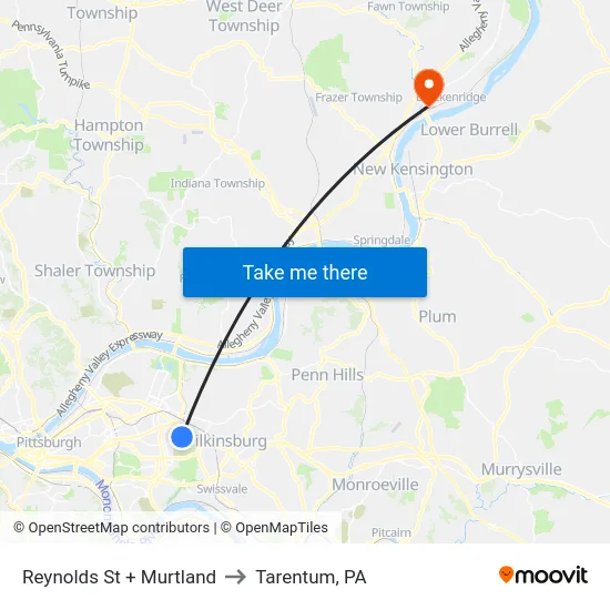 Reynolds St + Murtland to Tarentum, PA map