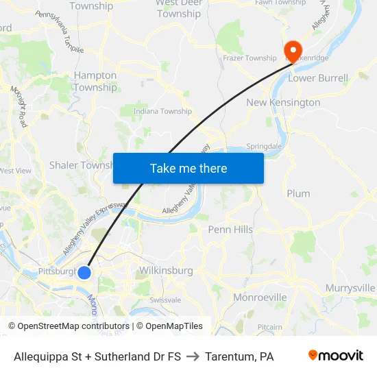 Allequippa St + Sutherland Dr FS to Tarentum, PA map