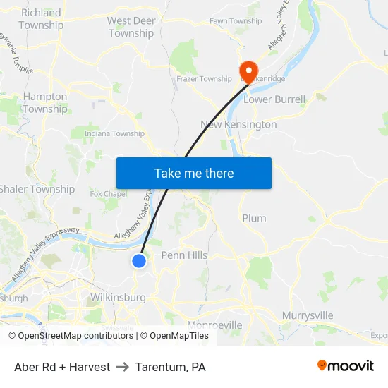 Aber Rd + Harvest to Tarentum, PA map