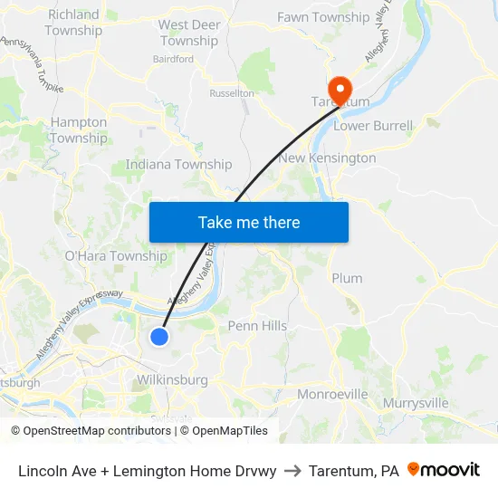 Lincoln Ave + Lemington Home Drvwy to Tarentum, PA map
