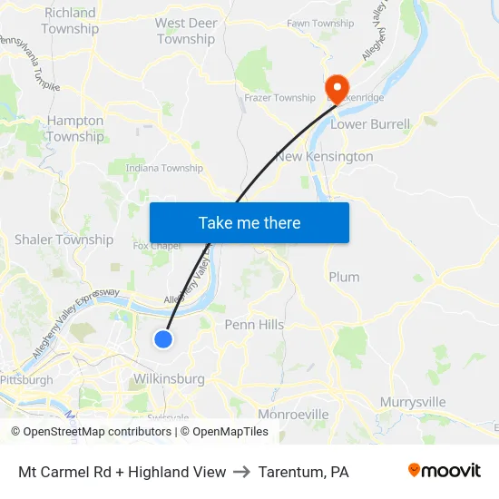 Mt Carmel Rd + Highland View to Tarentum, PA map
