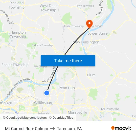 Mt Carmel Rd + Calmar to Tarentum, PA map