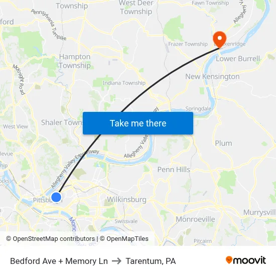 Bedford Ave + Memory Ln to Tarentum, PA map
