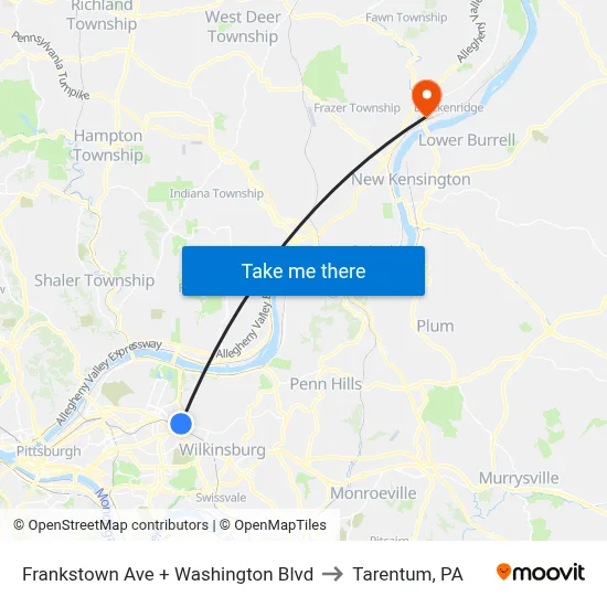 Frankstown Ave + Washington Blvd to Tarentum, PA map