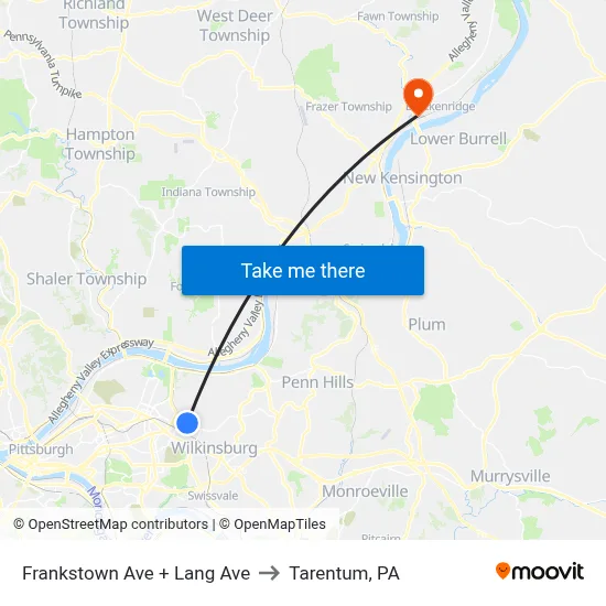 Frankstown Ave + Lang Ave to Tarentum, PA map