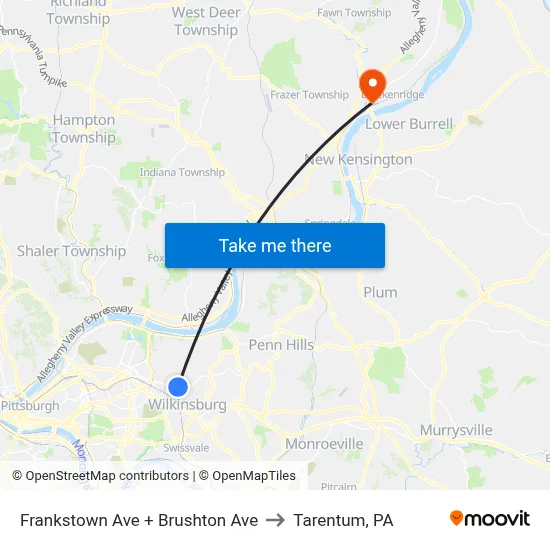Frankstown Ave + Brushton Ave to Tarentum, PA map