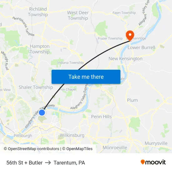 56th St + Butler to Tarentum, PA map