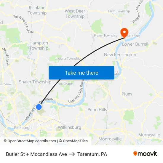 Butler St + Mccandless Ave to Tarentum, PA map