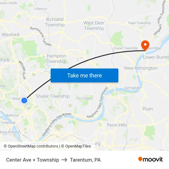 Center Ave + Township to Tarentum, PA map
