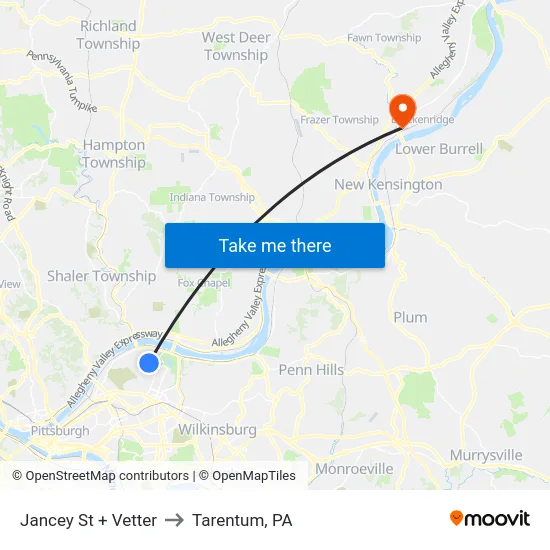 Jancey St + Vetter to Tarentum, PA map
